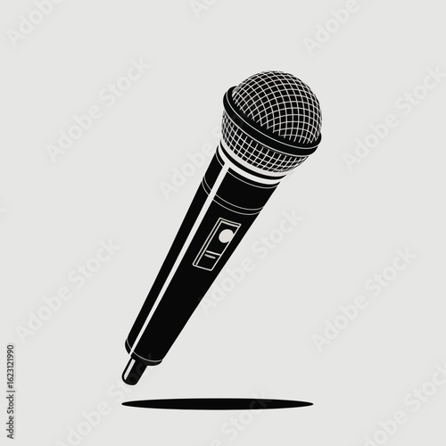 Black and white vector illustration of a microphone on light background