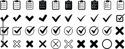 Checklist and To-Do Icons – Vector Pack Featuring Checkmarks, Crosses, and Clipboard Designs for Task Tracking, Workflow Tools, and Organization-Related Illustrations

