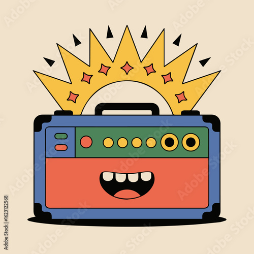 A cartoon amplifier with a smiling face and a yellow starburst on a cream colored background on transparent background