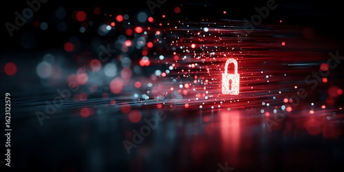 Glowing padlock amidst flowing digital data, representing secure online connections and cybersecurity.