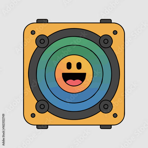 A colorful speaker with a smiling face in the center and a gradient background illustration art
