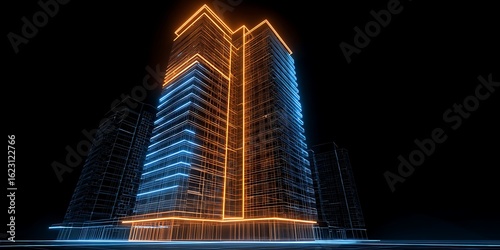 Futuristic architectural blueprint of a skyscraper, glowing blue and orange with digital light.