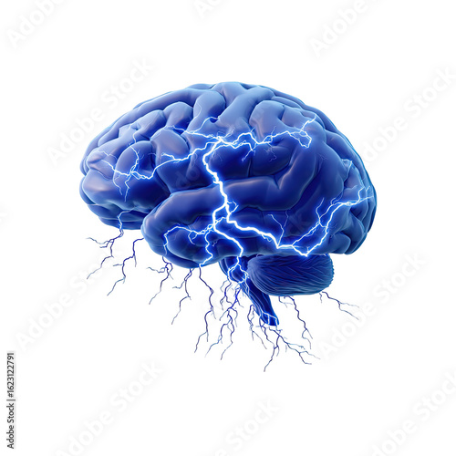 3D illustration of a human brain, highlighted in vibrant blue, with a striking electrical discharge emanating from its base