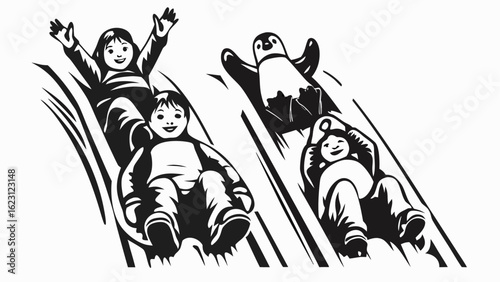 Children enjoy winter fun sliding down a snowy hill with a penguin inflatable in black and white design silhouette