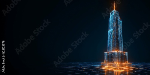 Futuristic Skyscraper Blueprint with Glowing Data Trails and Digital Construction Design