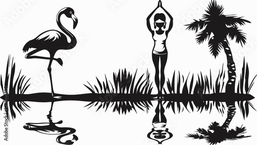 Silhouette of a flamingo, yoga woman, and palm tree with reflections in water on a white background