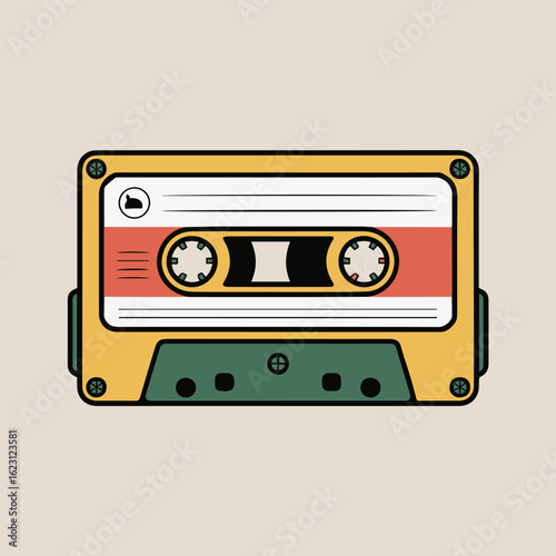A retro style illustration of a cassette tape with yellow frame and green bottom section on a beige background on transparent background