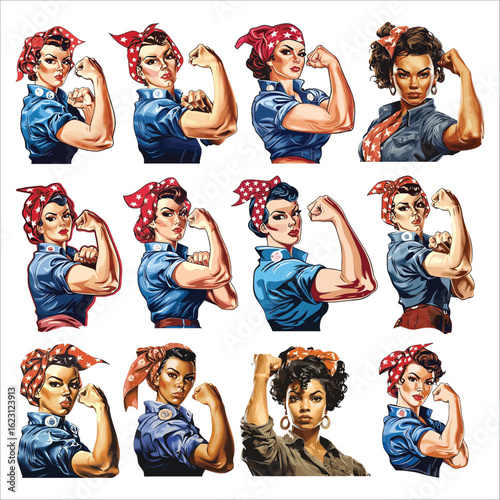 Set of Rosie the Riveter Style Women Illustration