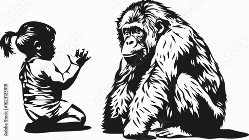 Illustration of a child facing an orangutan with a white background in black and white style silhouette