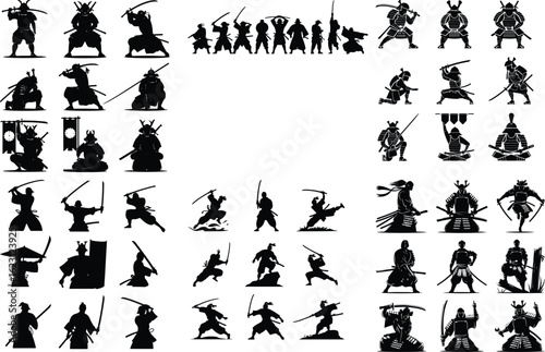 Japanese Samurai Warrior Silhouette Set – Traditional Martial Icon Pack Samurai Warrior Icon Collection – Japanese Sword Fighter Silhouette Art