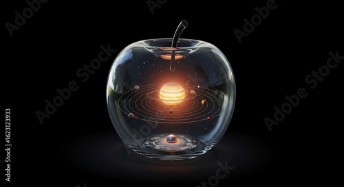 The glass apple inside is a solar system.