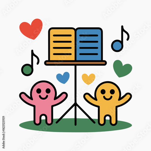 Cartoon illustration of two figures with music stand notes and hearts on a white background scene on transparent background