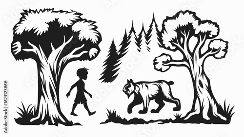 Wallpaper Mural Silhouette of a boy walking in a forest with trees and a lynx in a black and white illustration Torontodigital.ca