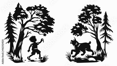 Silhouette illustration of a boy with a slingshot and a lynx in a forest setting with trees and grass