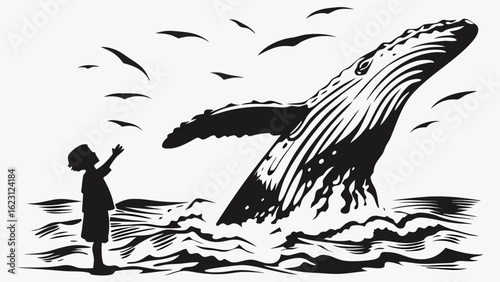 Silhouette of a child reaching towards a breaching whale with birds flying in the sky above the ocean
