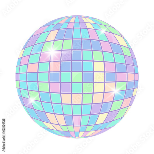 Glossy holographic disco ball with pastel rainbow colors and mirrored tiles. Trendy vector illustration for party, music, or retro-themed designs.