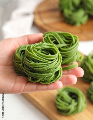 Fresh green pasta held in a hand