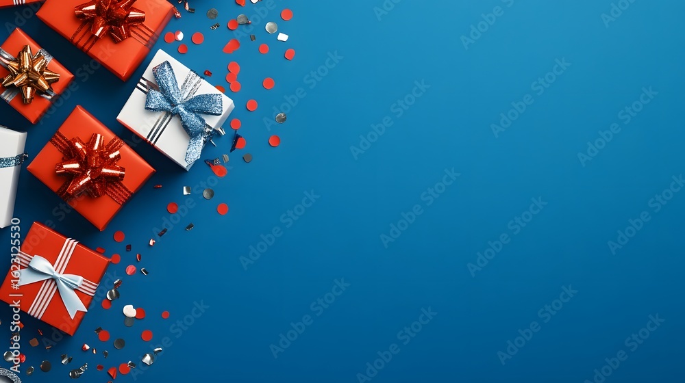Naklejka premium Festive Red and White Gift Boxes Blue Background Holiday Celebration