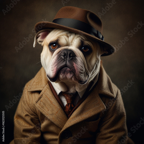 Funny portrait of an English bulldog dressed in an elegant suit and classic hat, sitting proudly against a neutral background.
