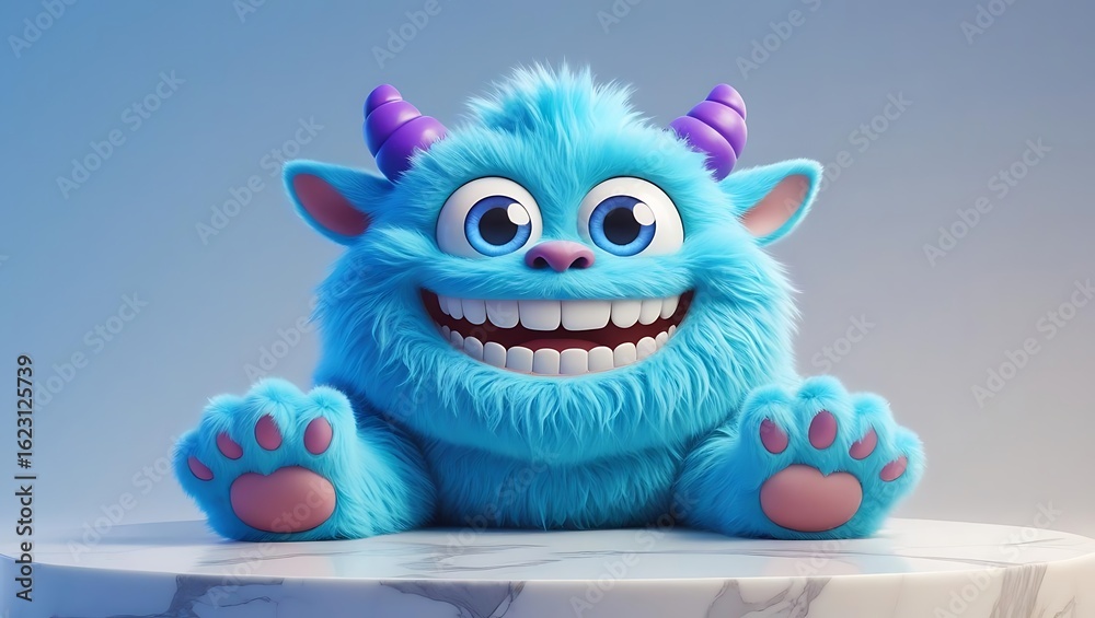 Fototapeta premium Fluffy blue monster with purple horns and big smile furry