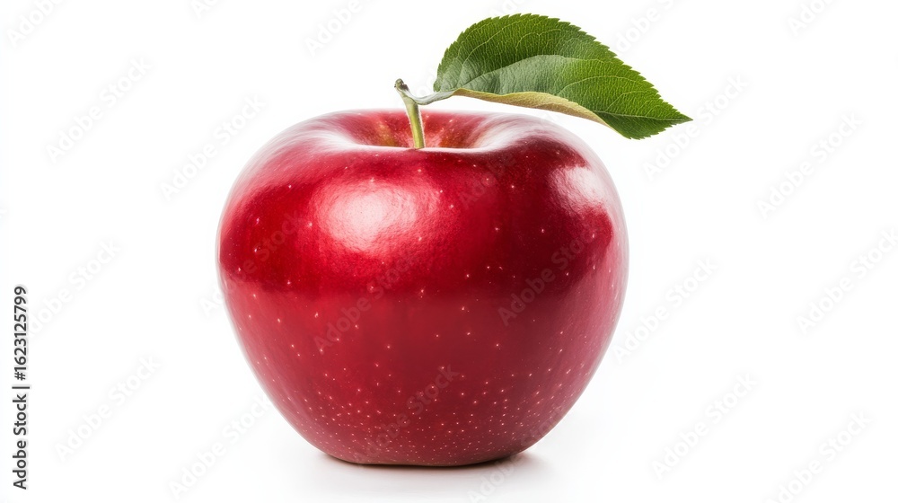 Shiny Red Apple with Leaf on White Background, fruit, healthy eating Shiny Red Apple with Leaf on White Background, fruit, healthy eating