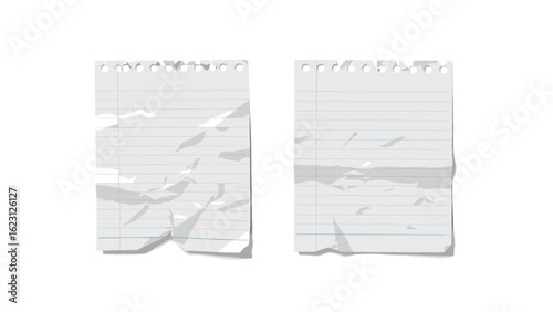 Two torn and wrinkled pieces of lined paper on transparent background