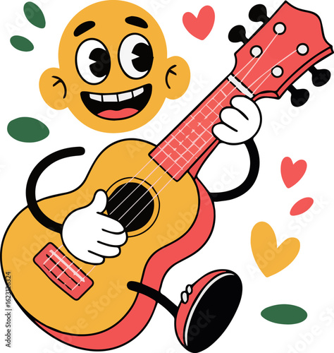 Cartoon character playing ukulele with hearts and shapes floating around on a white background on transparent background