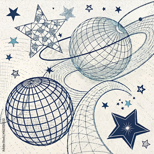 Abstract global network sphere design with an illustration of the world map and a blue background of stars