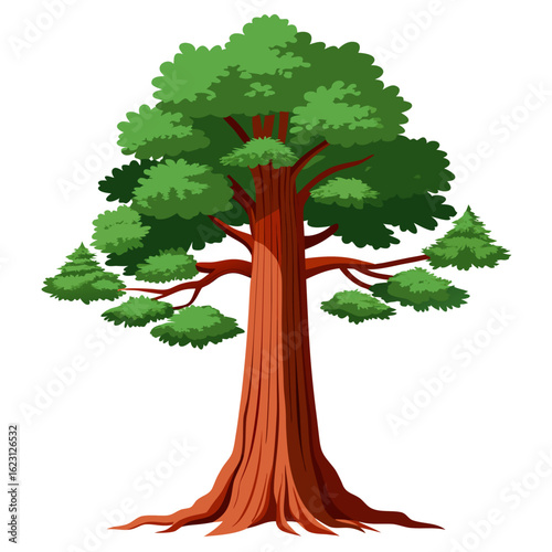 A majestic tall evergreen tree with a thick reddish brown trunk and a full canopy of green leaves isolated on a white background