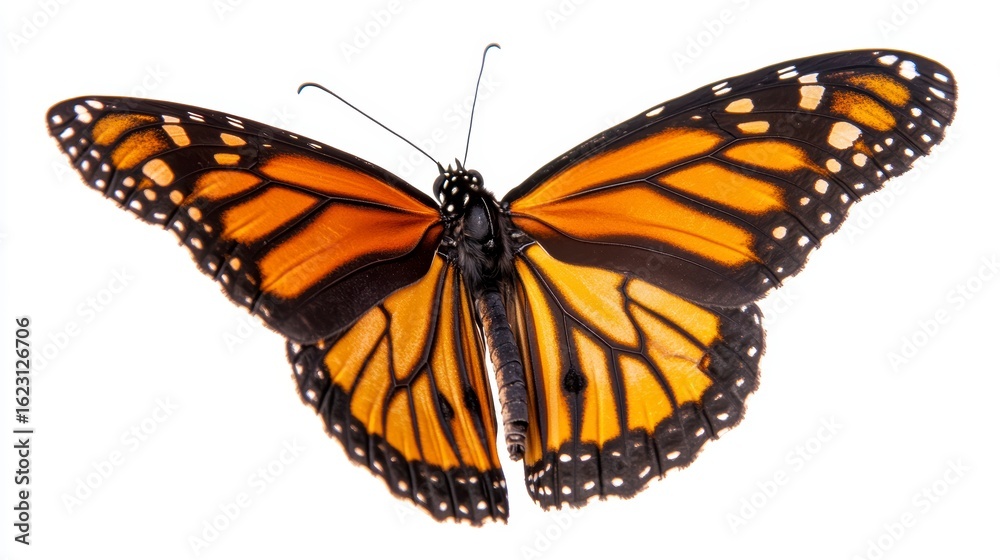 Fototapeta premium Close-up of a monarch butterfly with spread wings isolated on white background.