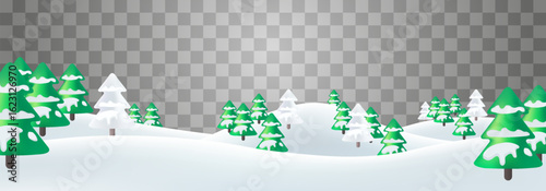 Winter vector landscape with snowdrifts and snowy fir trees. Snow landscape decoration, frozen hills isolated on png background. Vector snowbanks field. Christmas vector illustration