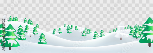 Winter vector landscape with snowdrifts and snowy fir trees. Snow landscape decoration, frozen hills isolated on png background. Vector snowbanks field. Christmas vector illustration