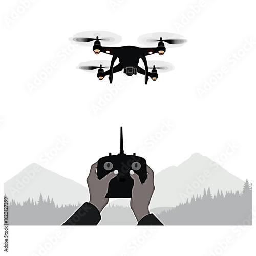 Aerial drone photography and videography with remote control over mountain landscape for creative content on transparent background silhouette