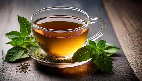 fresh leaves are placed on the side of a cup of tulsi tea which is captured with selective focus