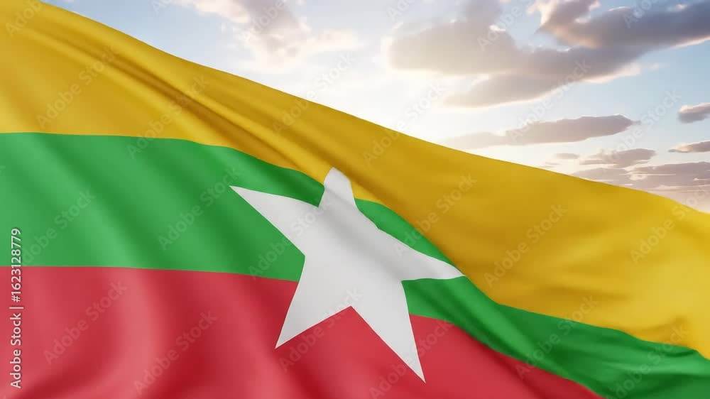 Myanmar flag waving proudly in the breeze against a bright sunny sky video backdrop