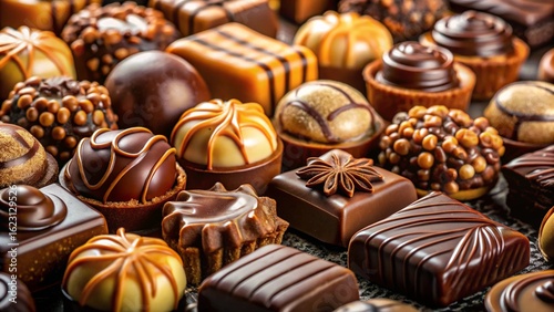 A delicious box of gourmet chocolate pralines and candies isolated on a white background