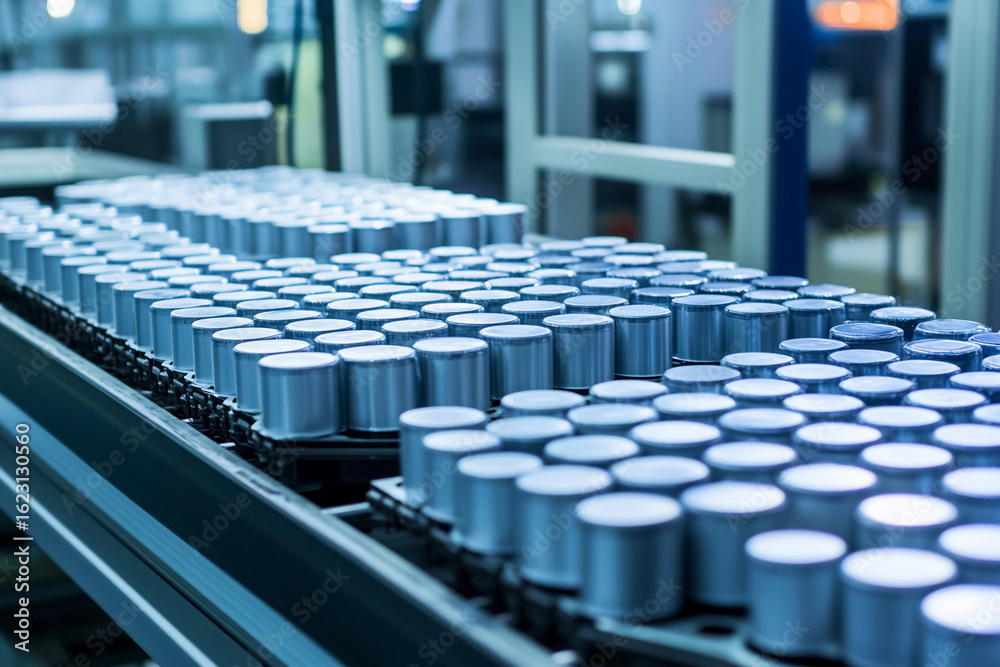 Fototapeta premium Cylindrical batteries on production line in factory setting Generative AI