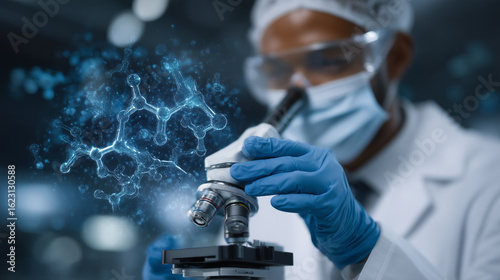 A lab technician wearing gloves analyzing water samples under a microscope, with digital overlays of molecular structures representing toxins like arsenic, PFAs, and chlorine bypro