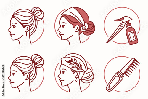 Set of icons showing womens hairstyles and hair care accessories
