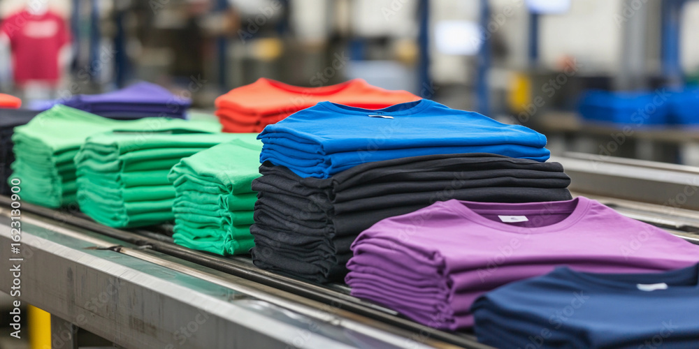 Obraz premium Folded t-shirts arranged on a factory conveyor belt Generative AI