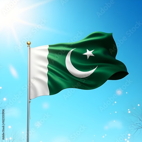 Pakistani flag waving proudly on Independence Day clear blue sky national pride freedom celebration