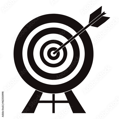 Black and white illustration of a target with an arrow hitting the bullseye