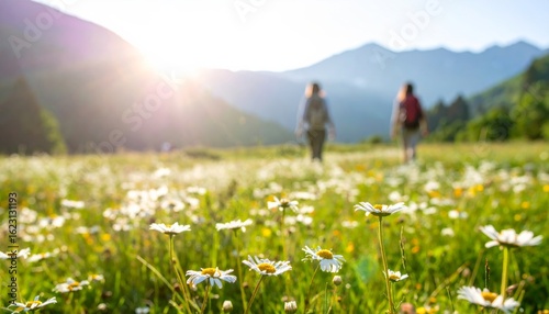 A serene landscape featuring blooming flowers in the foreground, with two people walking in the background against a sunlit mountain backdrop.