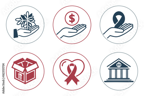 Set of six icons representing charity, donation, and support services