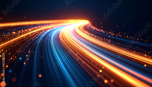 A vibrant path of dazzling blue and orange light streaks stretches across a dark background.