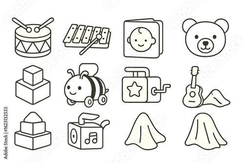Music and toy outline icon set. band, baby, playtime icons for interactive design