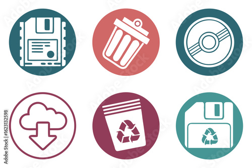 Collection of computer and data storage icons including floppy disk, cd, cloud download, and trash bin