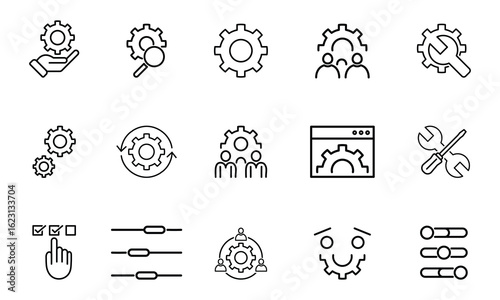 Gear and Settings Line Icons Pack, Configuration, Tools, Teamwork, and Optimization Symbols