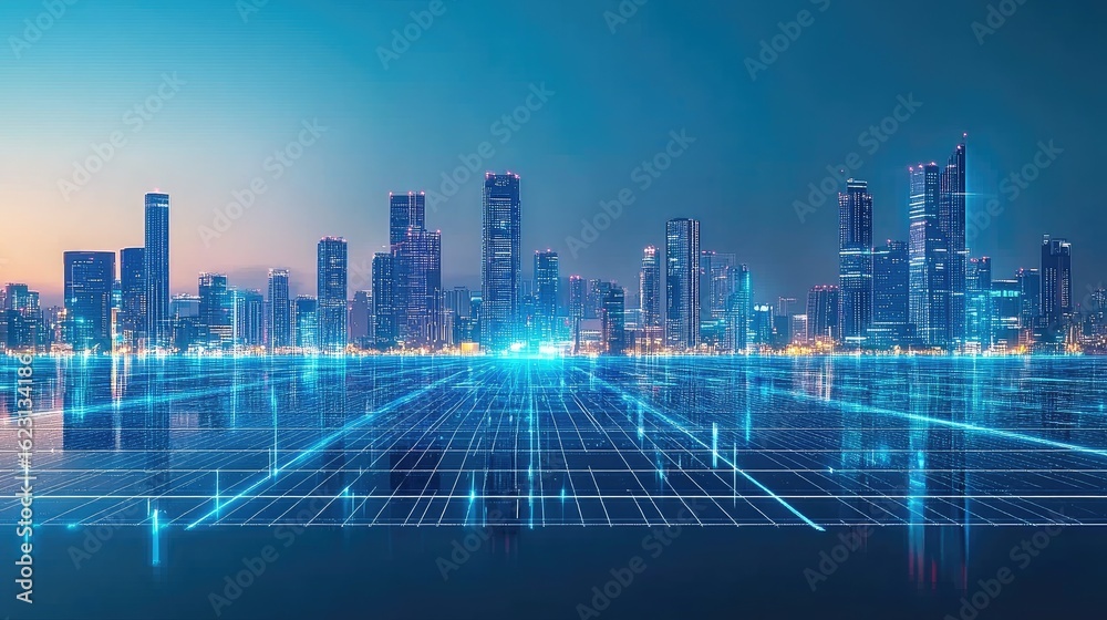 Fototapeta premium Futuristic smart city skyline with solar panels on the horizon, symbolizing technological innovation, clean energy, and sustainable development.