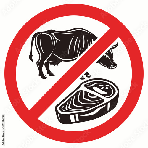 Prohibited beef sign with black bull and steak in red circle. Beef ban illustration for restriction of eating meat, dietary laws and regulations. Conceptual beef ban for observance of Yom Kippur.
